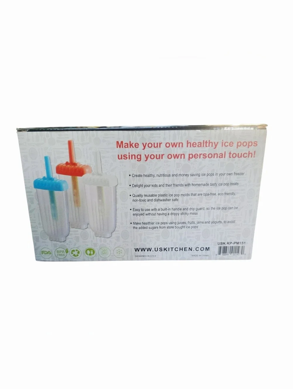 U.S. Kitchen Ice Pop molds set of 18 classic Reusable colored Ice Pop makers NIB